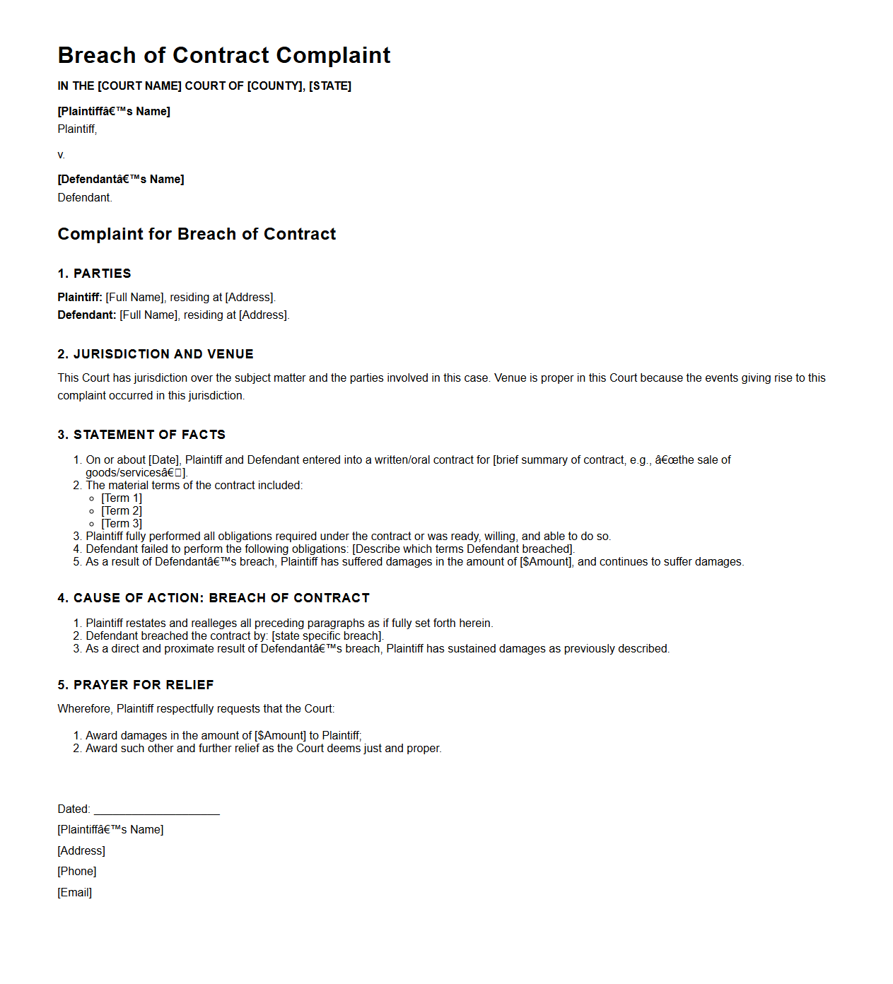Breach of Contract Complaint Sample