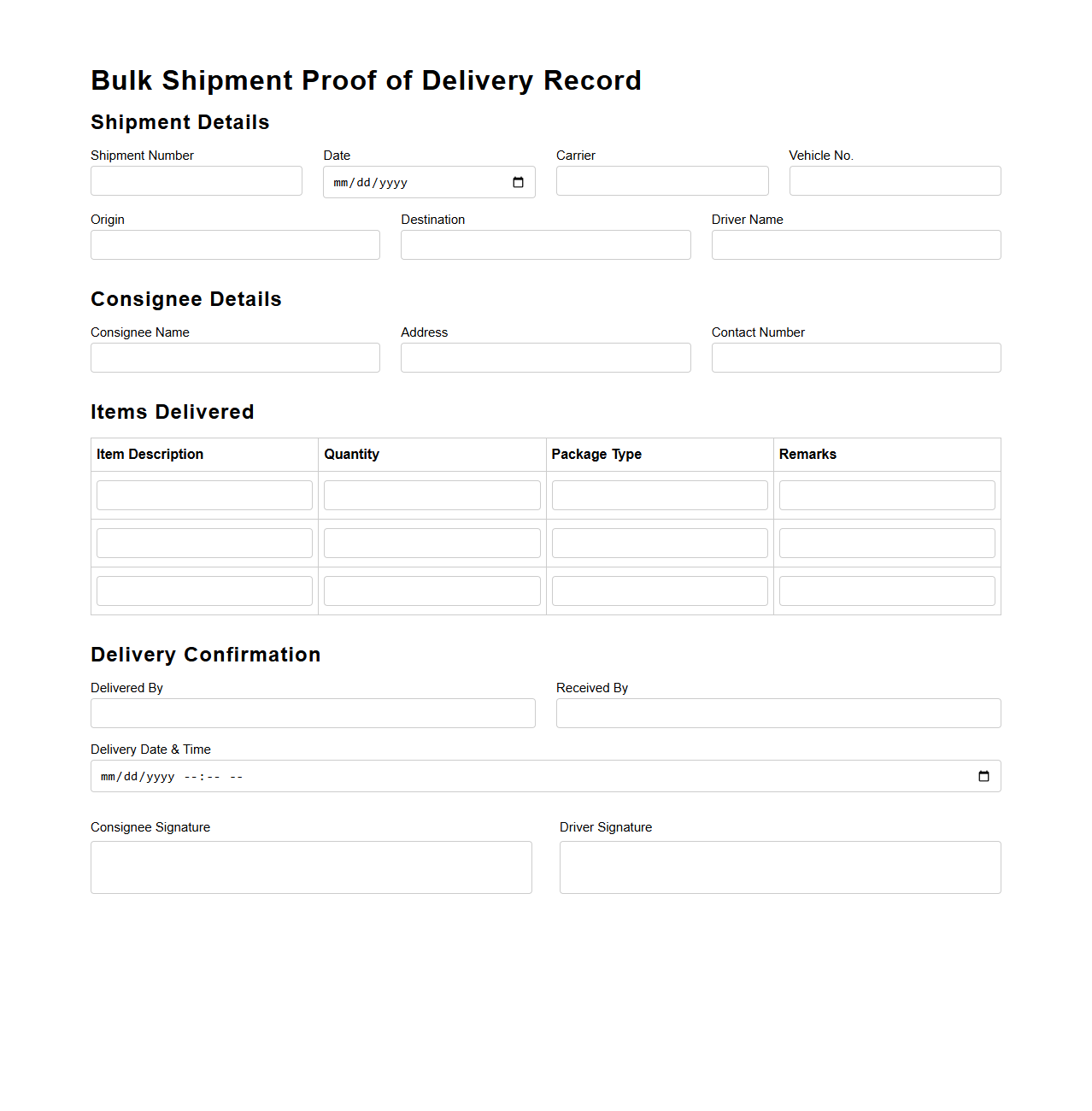 Bulk Shipment Proof of Delivery Record