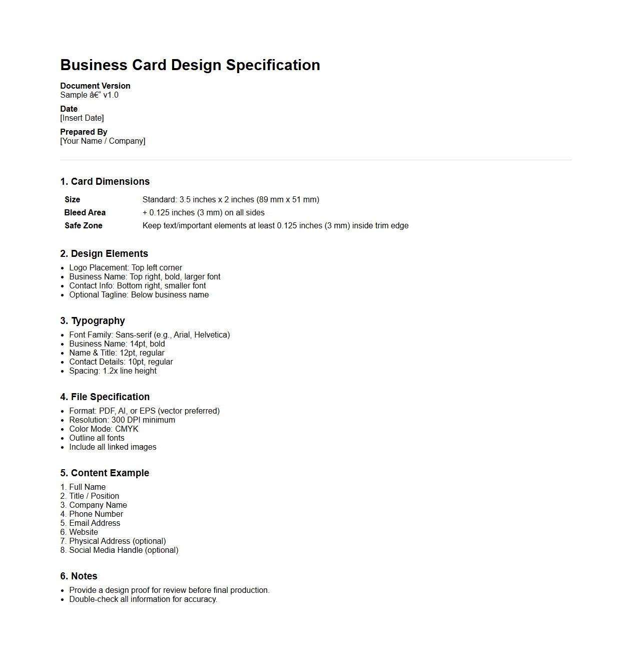 Business Card Design Specification