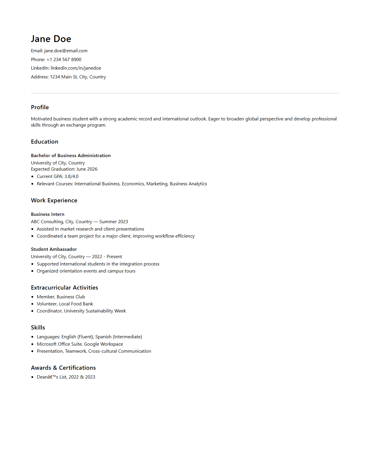 Business Student Curriculum Vitae Sample for Exchange Programs