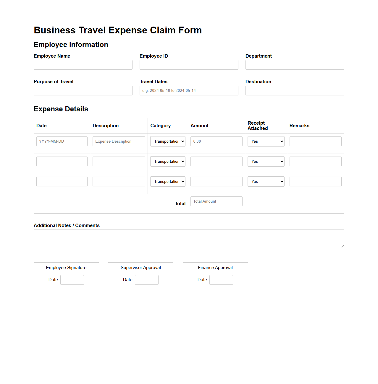 Business Travel Expense Template for Employee Claim