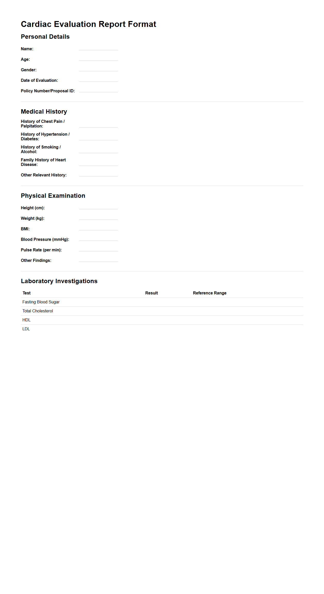 Cardiac Evaluation Report Format for Term Insurance Screening