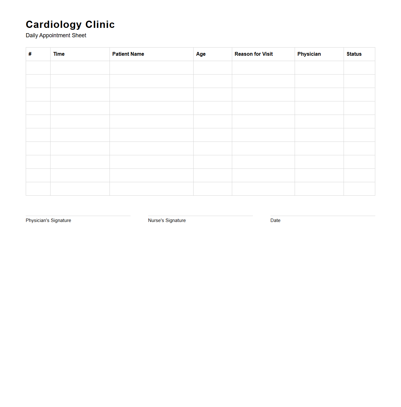Cardiology Clinic Daily Appointment Sheet