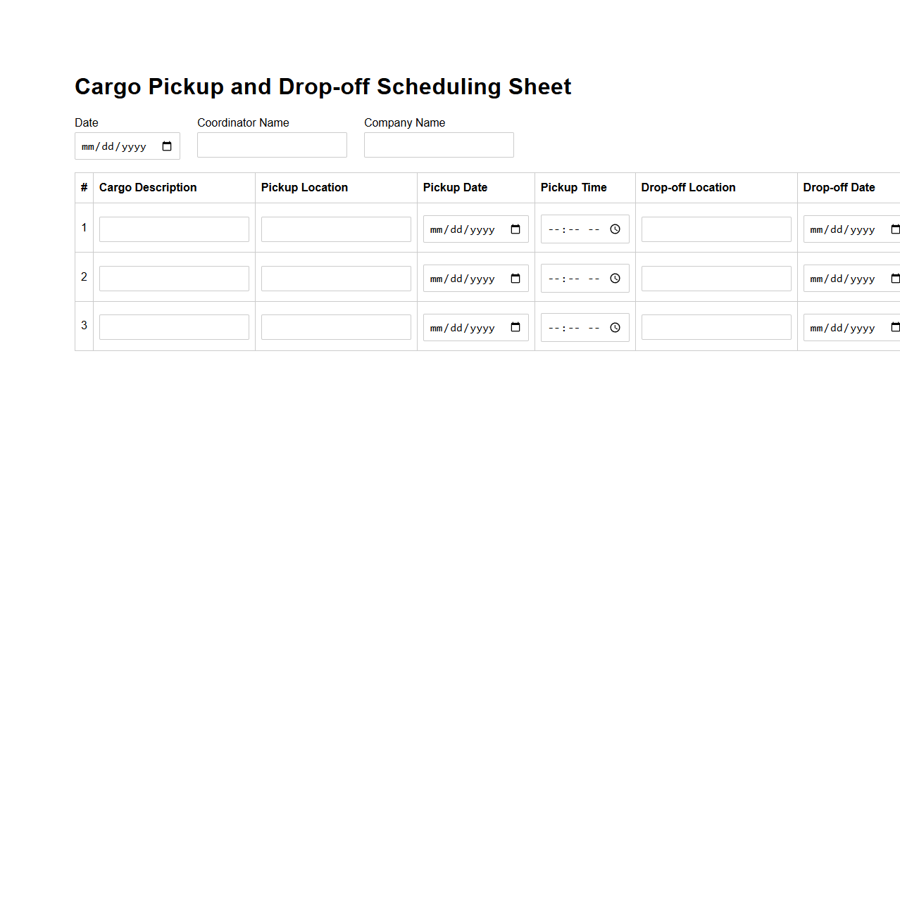 Cargo Pickup and Drop-off Scheduling Sheet