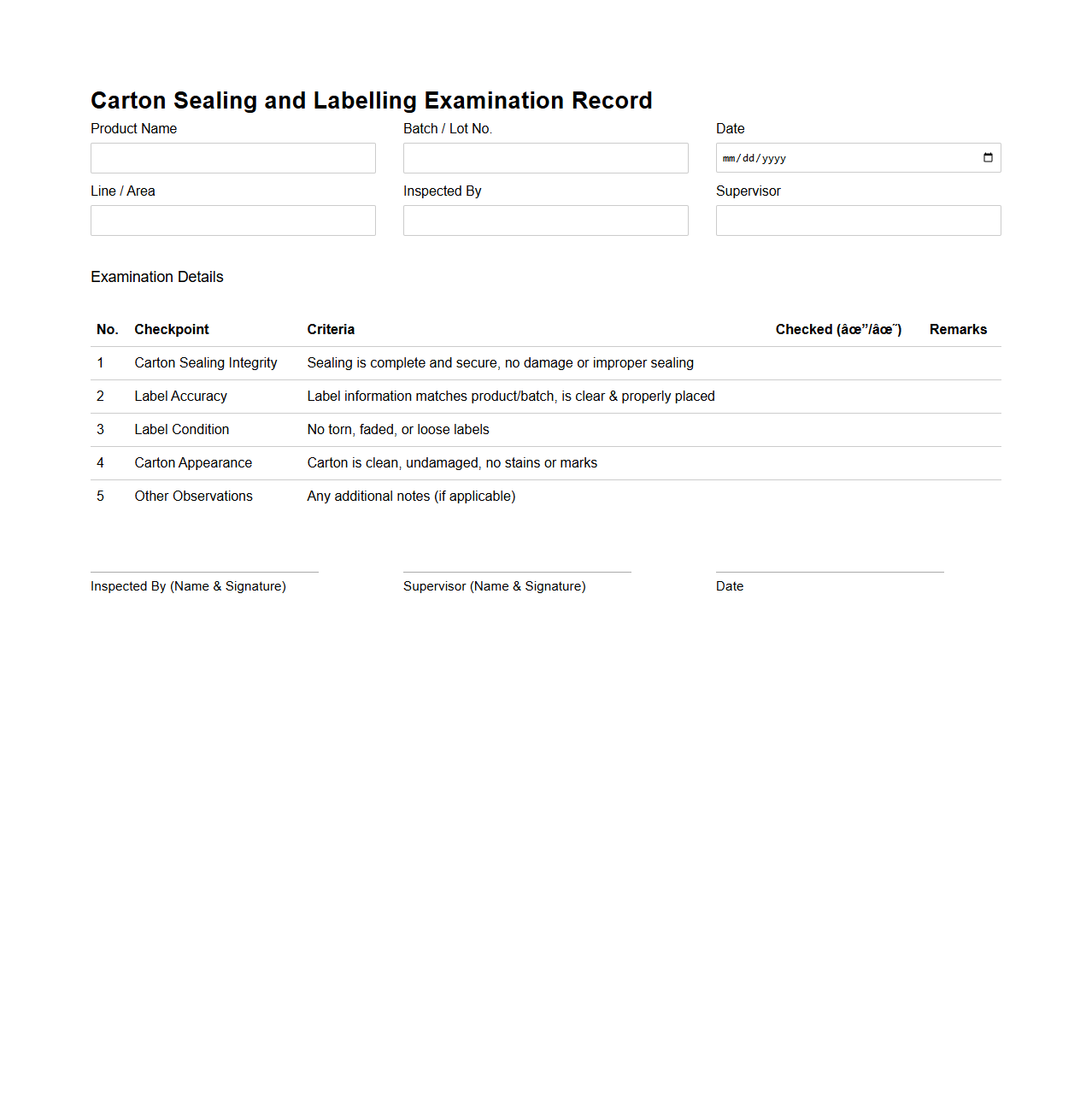 Carton Sealing and Labelling Examination Record