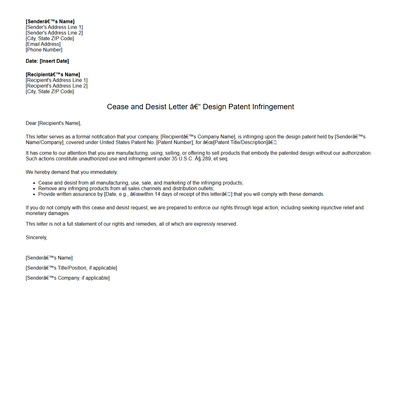 Cease and Desist Letter for Design Patent Infringement