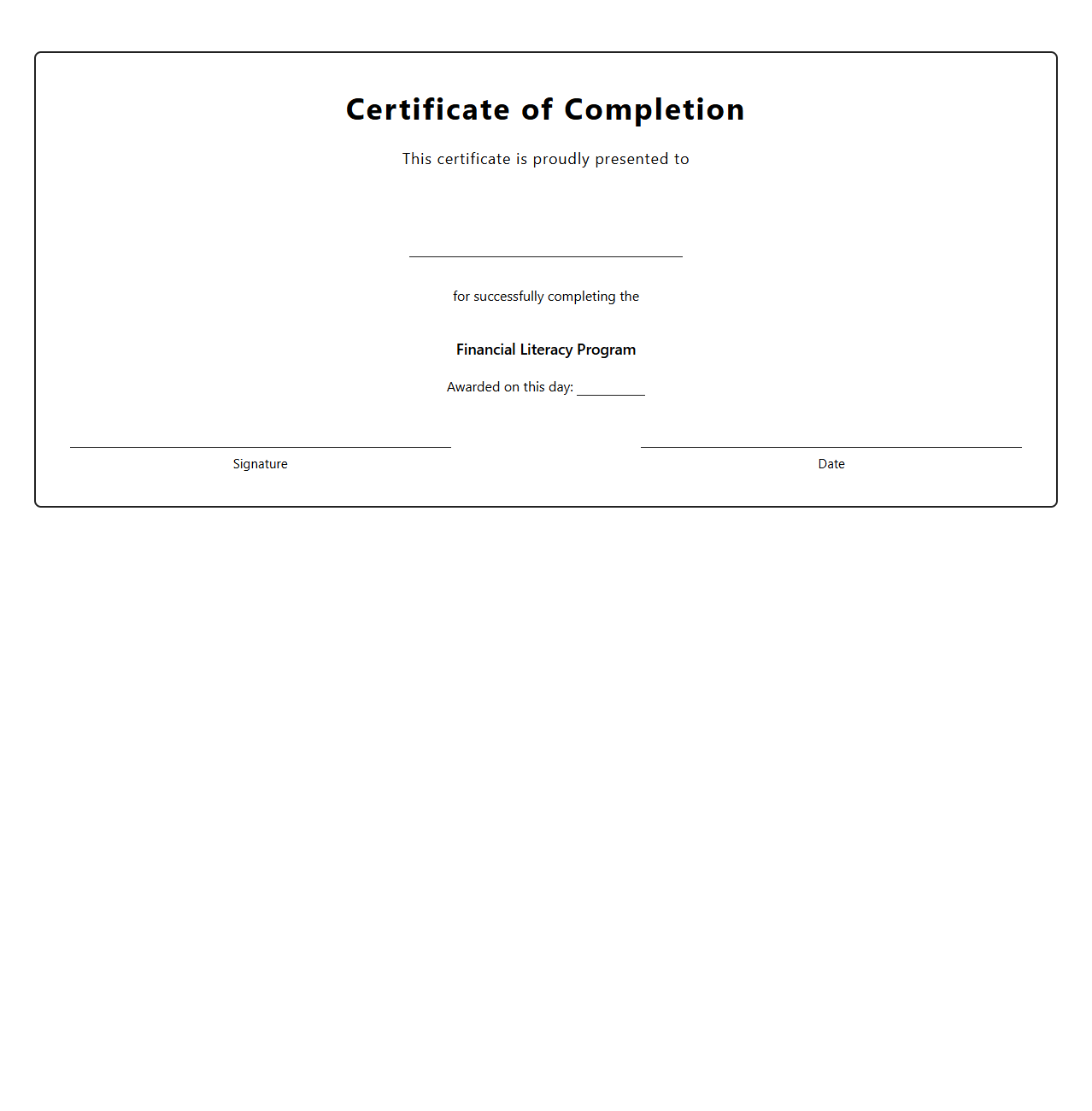 Certificate of Completion for Financial Literacy Program