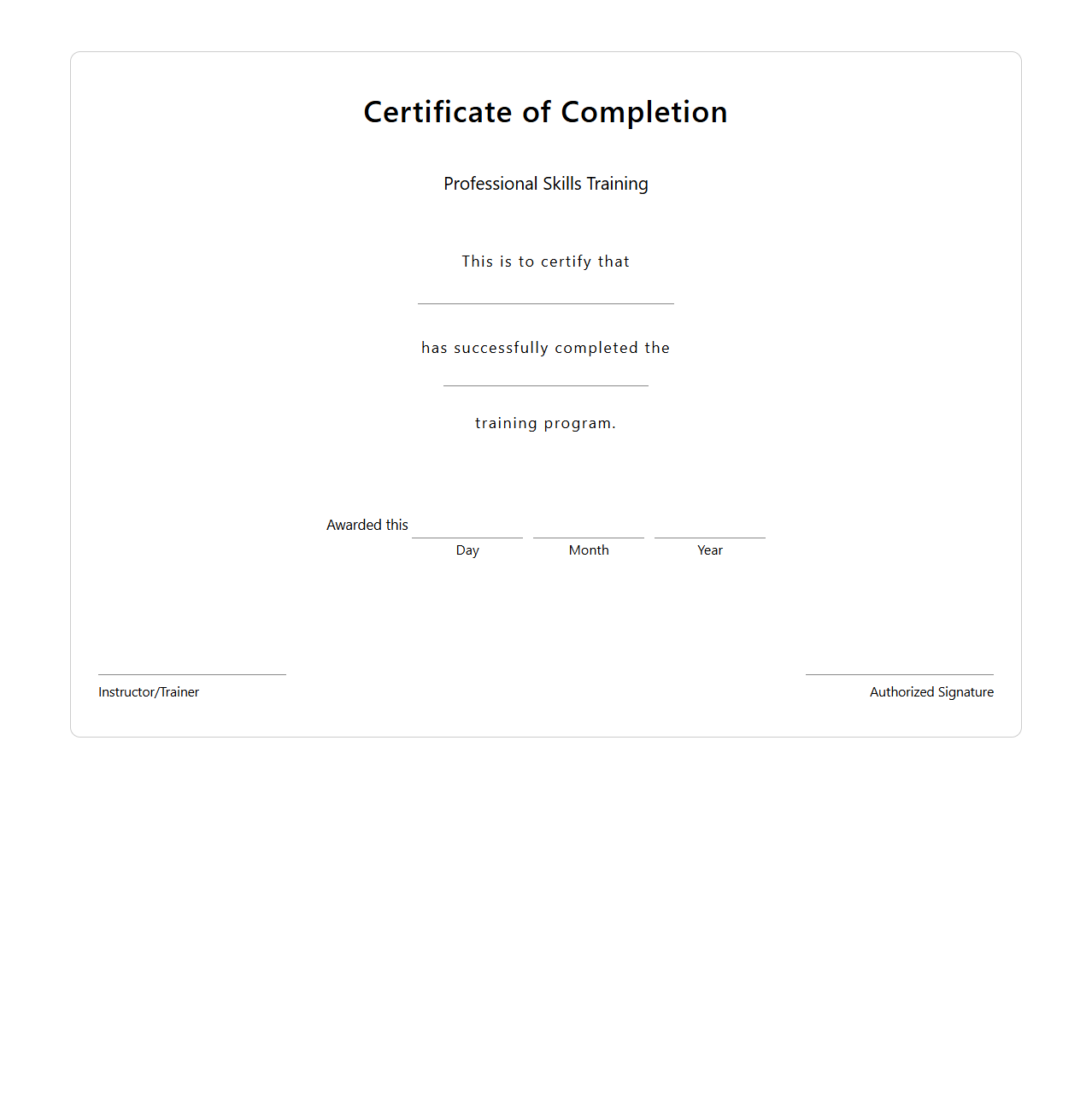 Certificate of Completion for Professional Skills Training