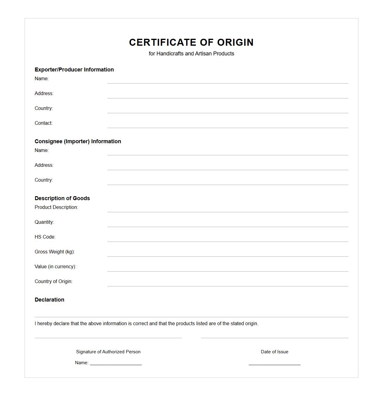 Certificate of Origin for Handicrafts and Artisan Products