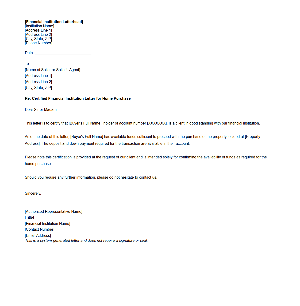 Certified Financial Institution Letter for Home Purchase