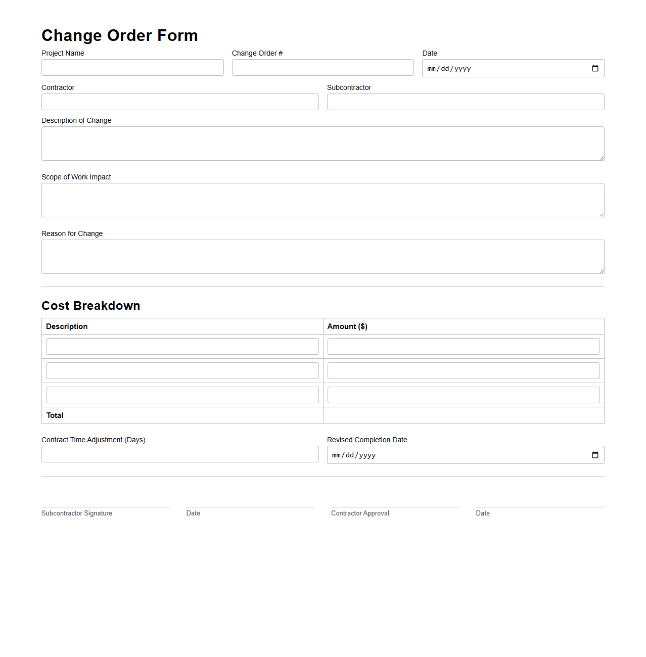 Change Order Form for Construction Subcontracts