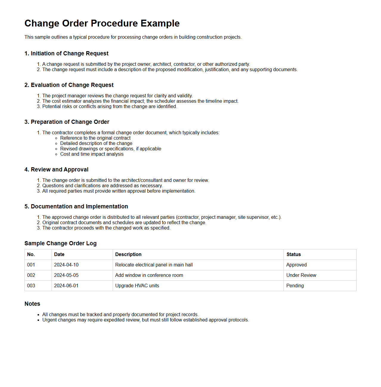 Change Order Procedure Example for Building Construction Projects
