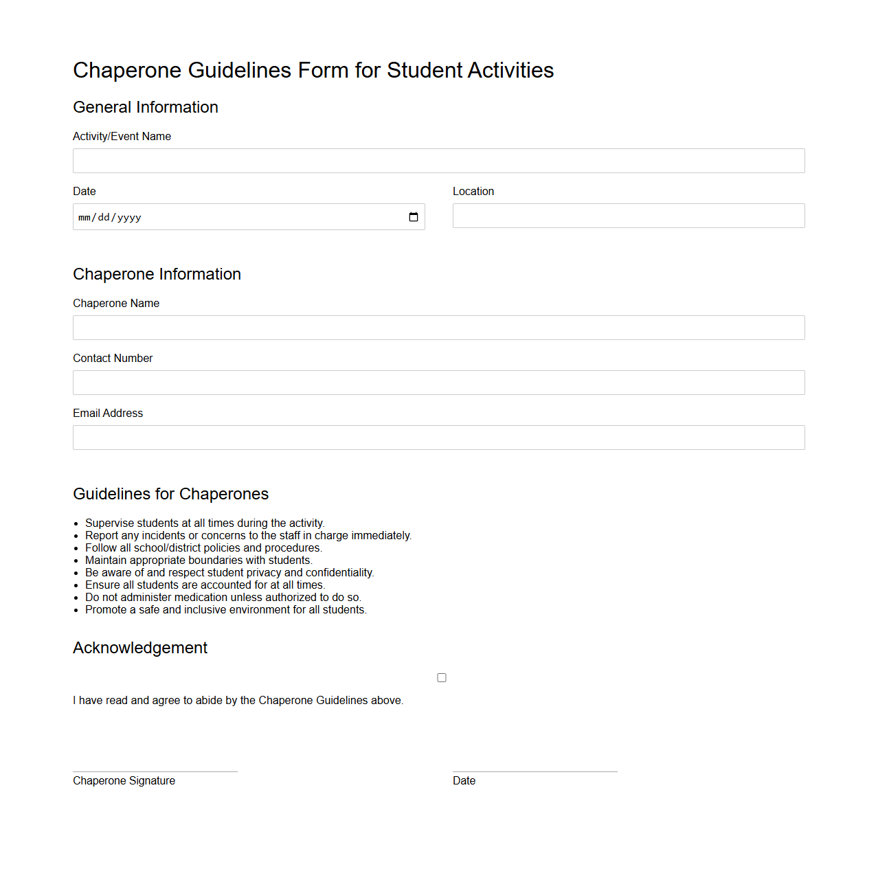 Chaperone Guidelines Form for Student Activities