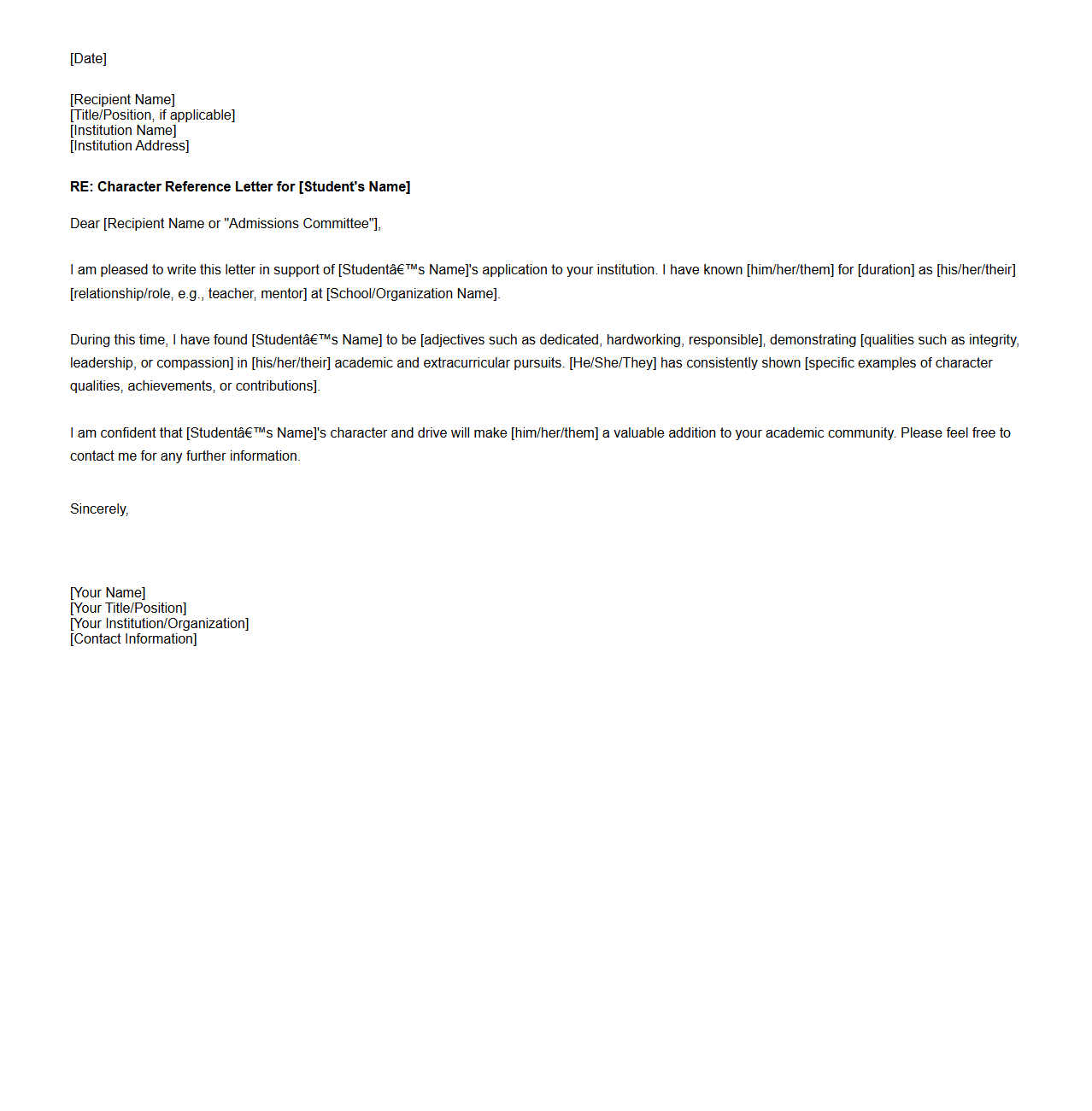 Character Reference Letter for College Student