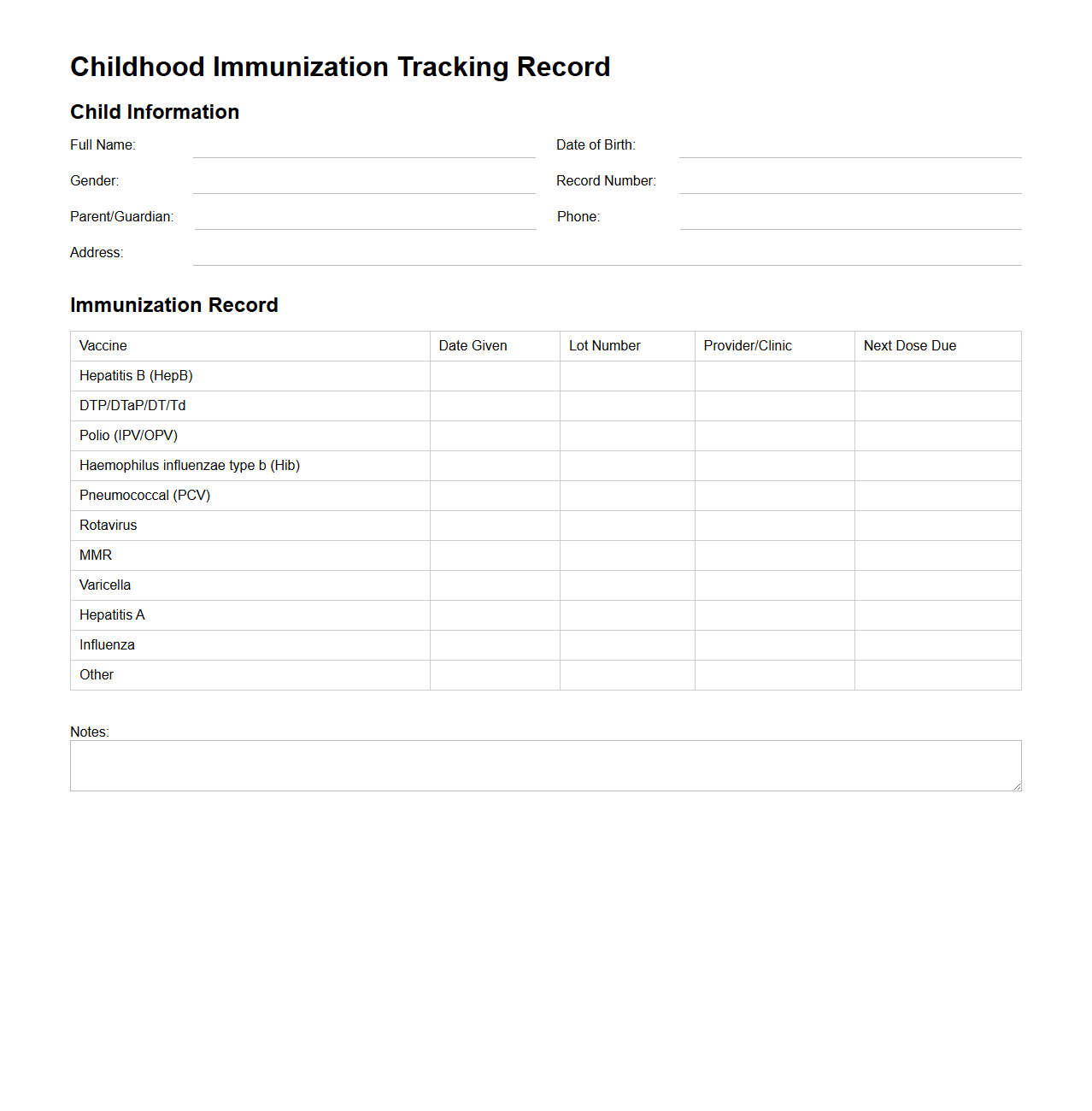Childhood Immunization Tracking Record