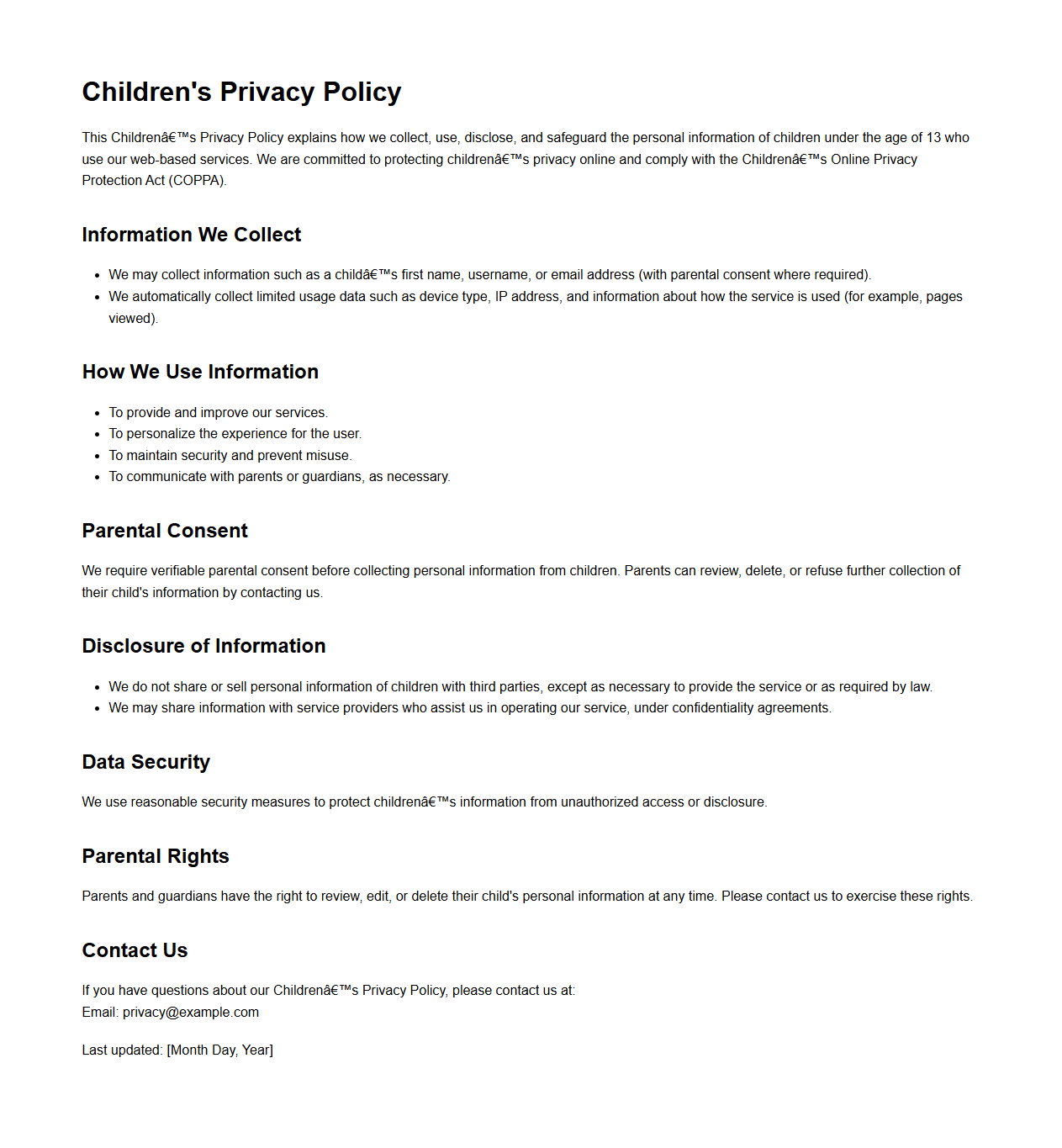 Children's Privacy Policy Example for Web-Based Services