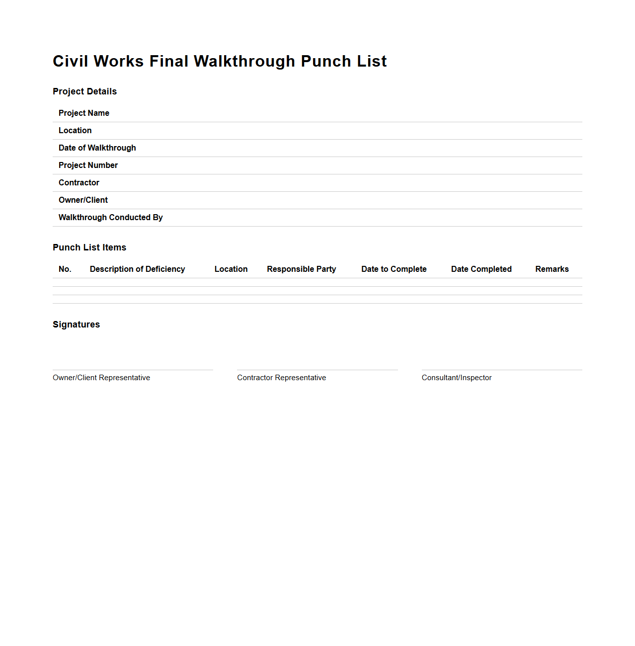 Civil Works Final Walkthrough Punch List