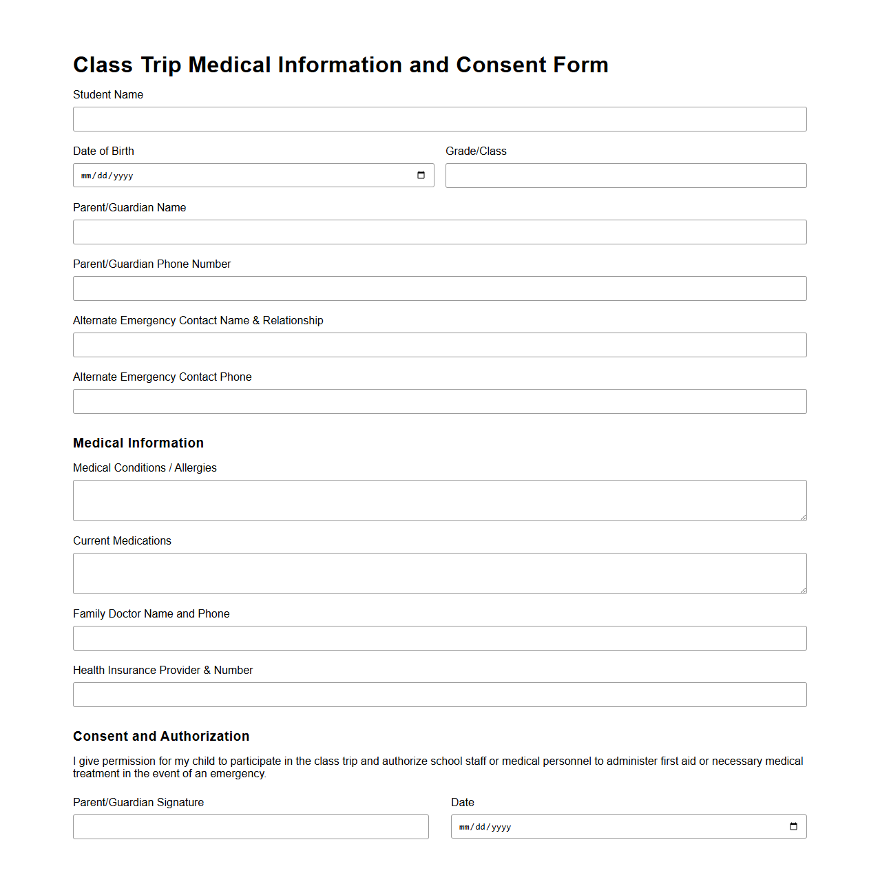 Class Trip Medical Information and Consent Form