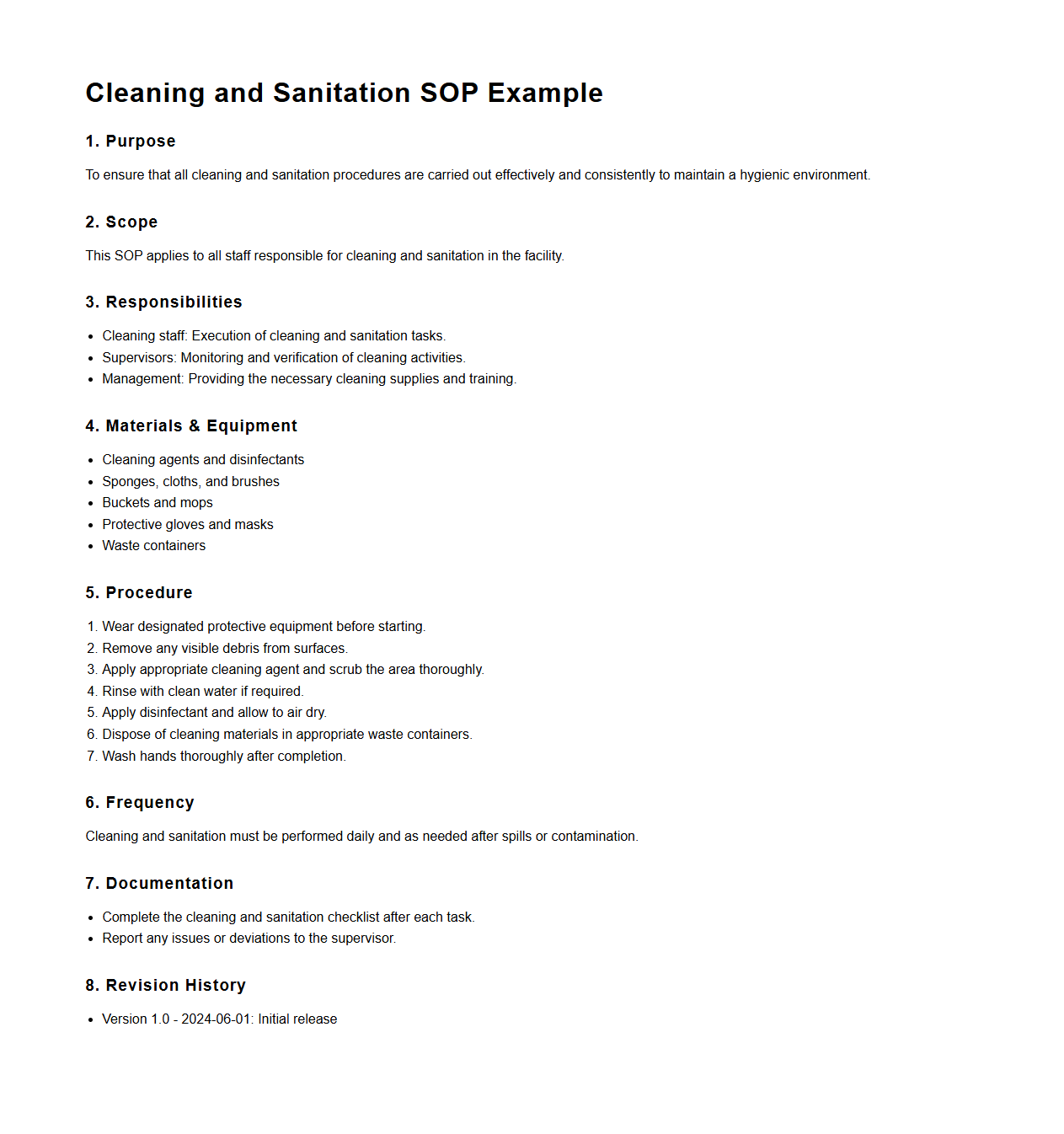 Cleaning and Sanitation SOP Example