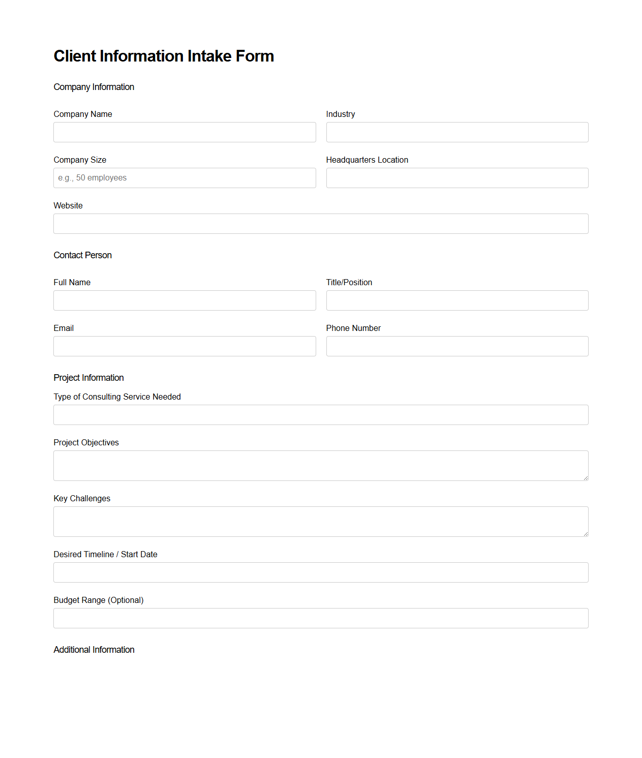 Client Information Intake Form for Management Consulting