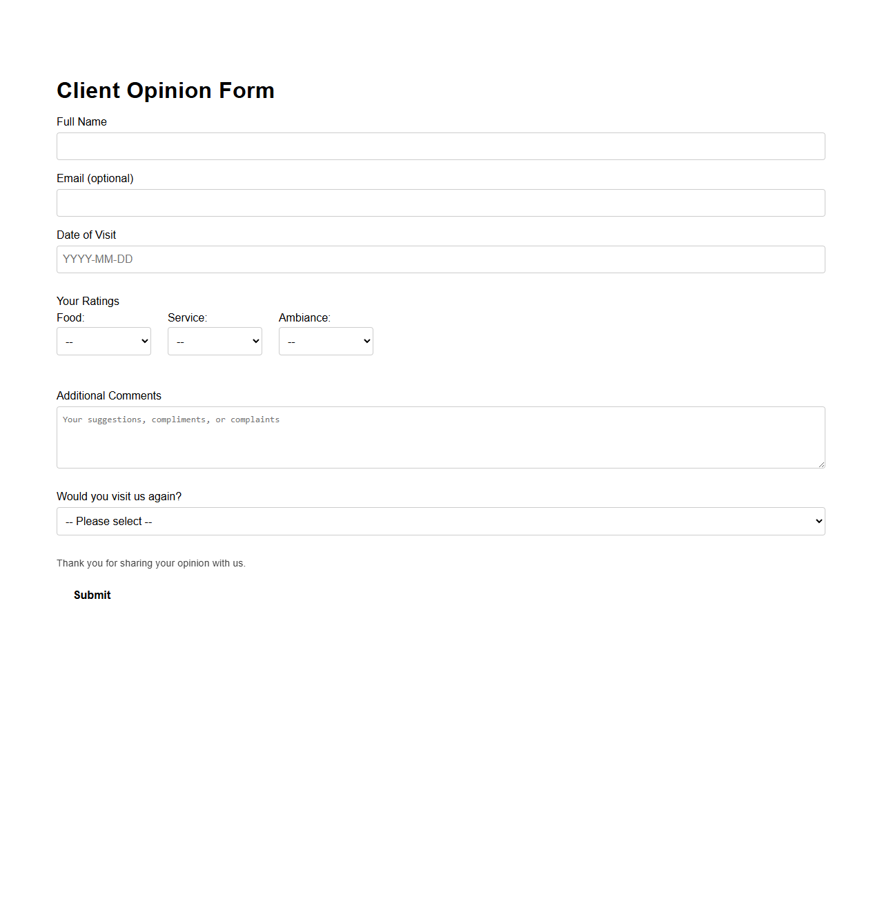 Client Opinion Form for Restaurant Dining