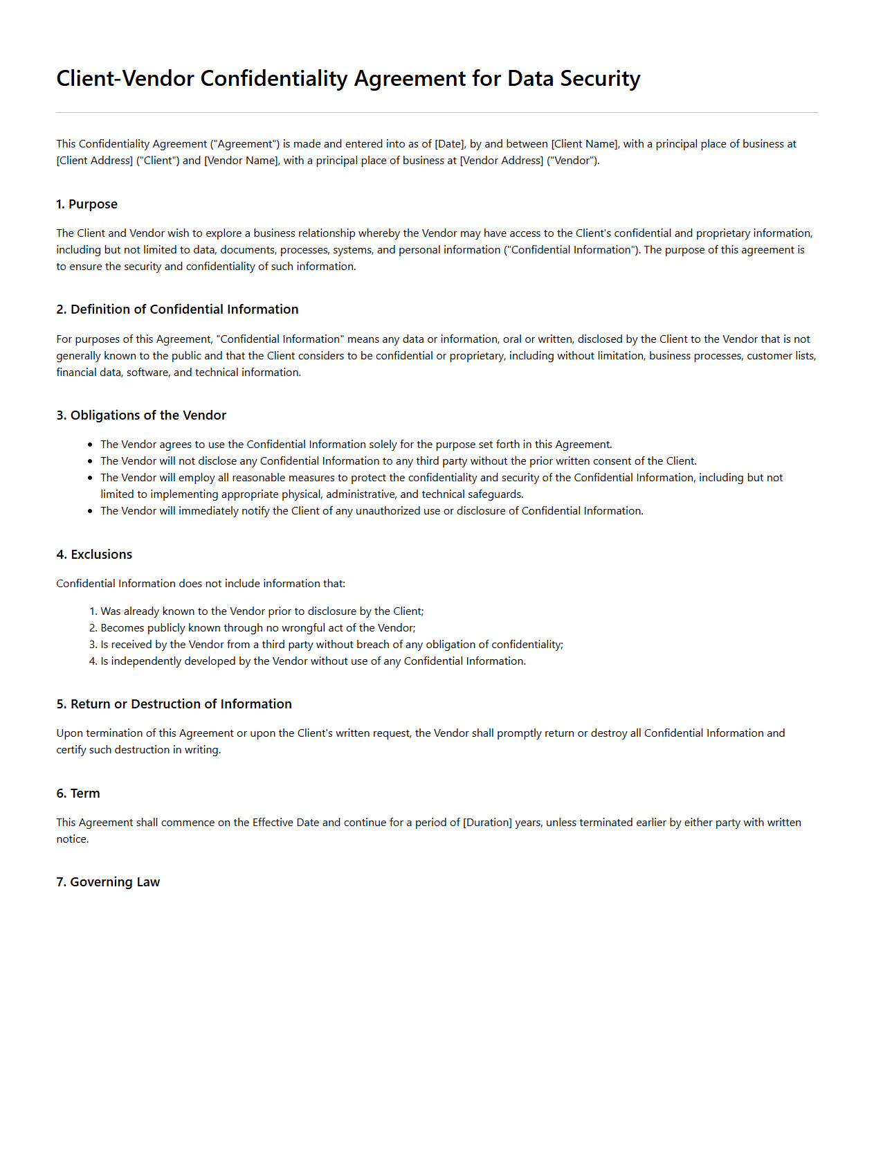 Client-Vendor Confidentiality Agreement for Data Security