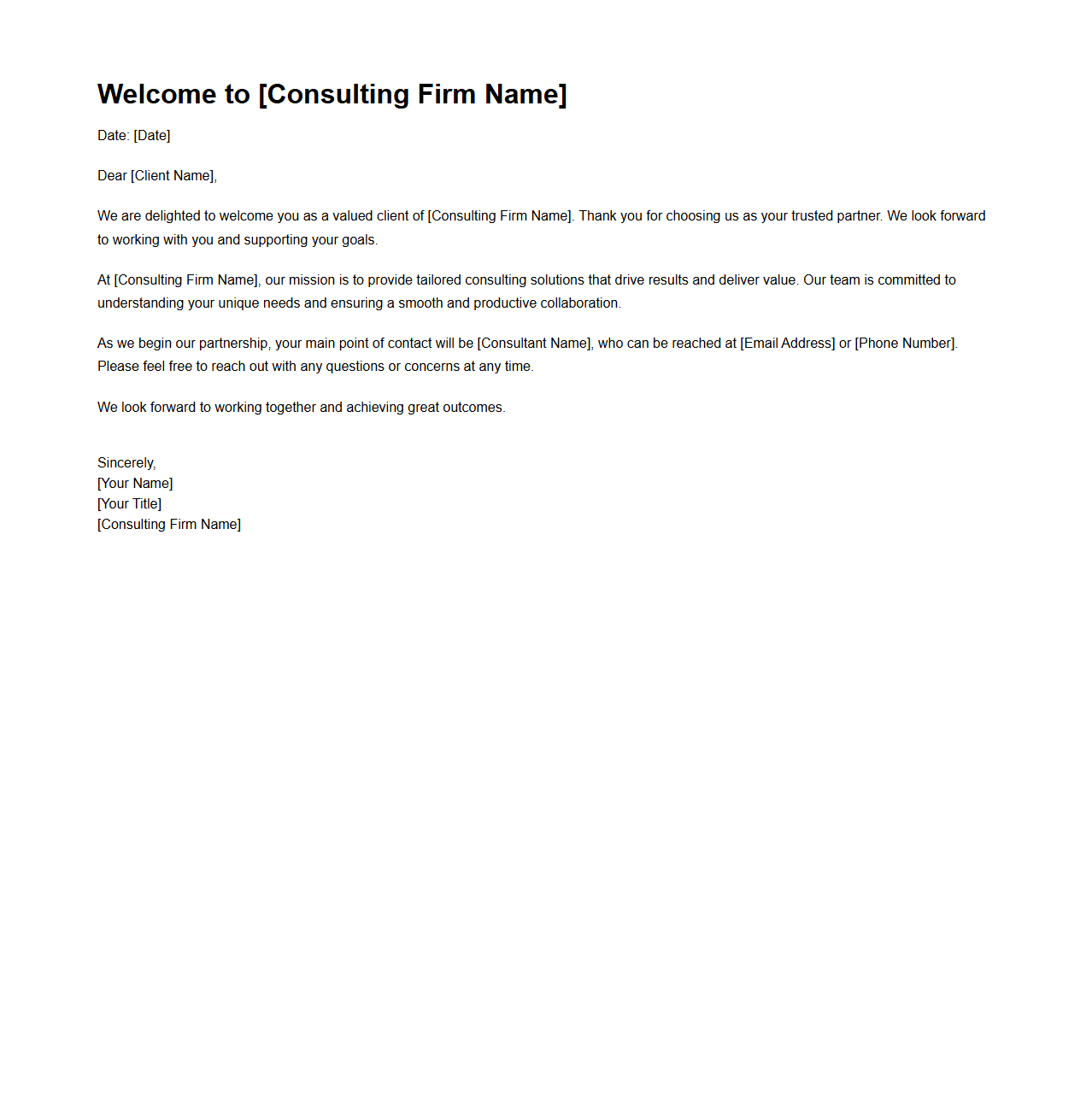 Client Welcome Letter Sample for Consulting Firms