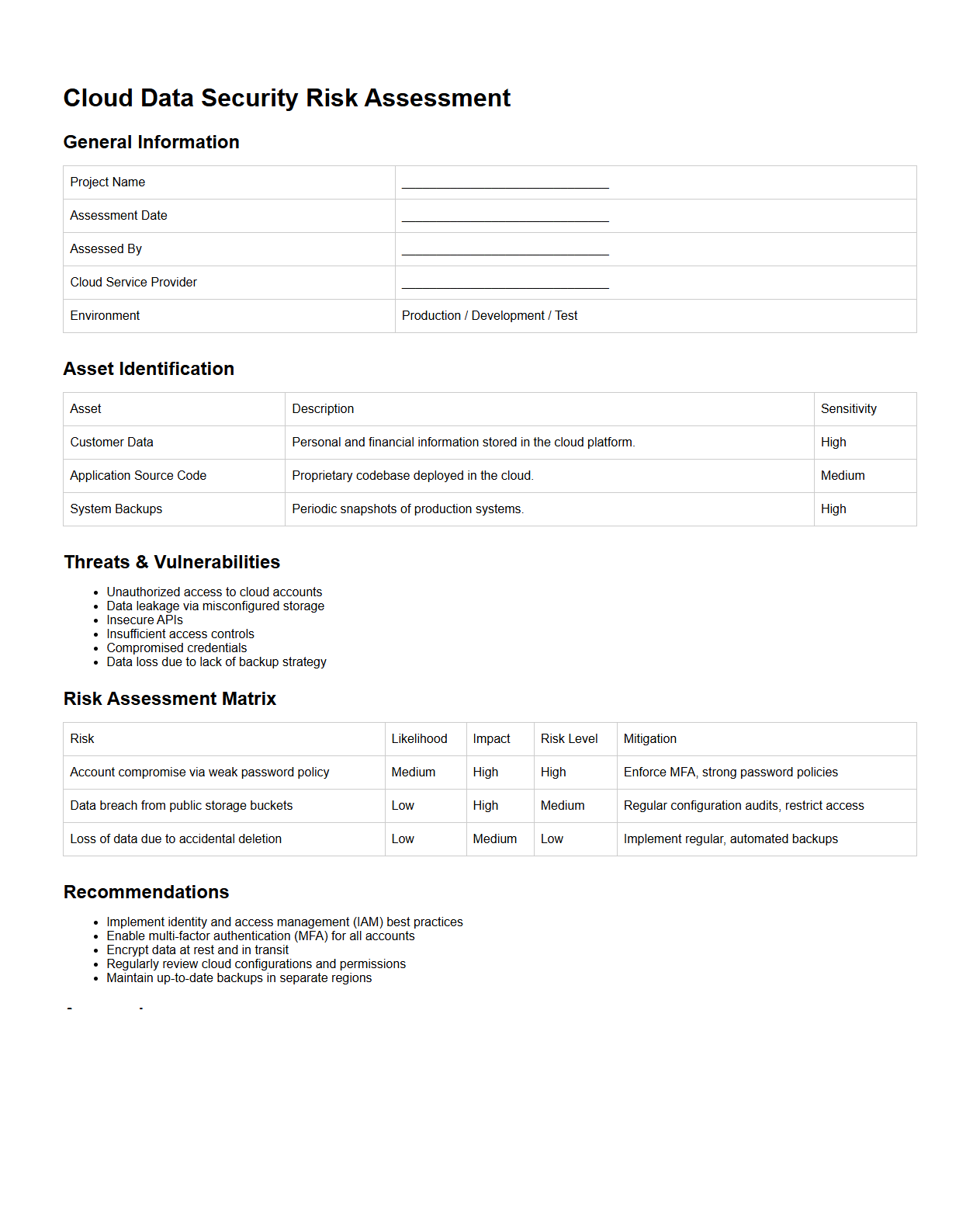 Cloud Data Security Risk Assessment Sample