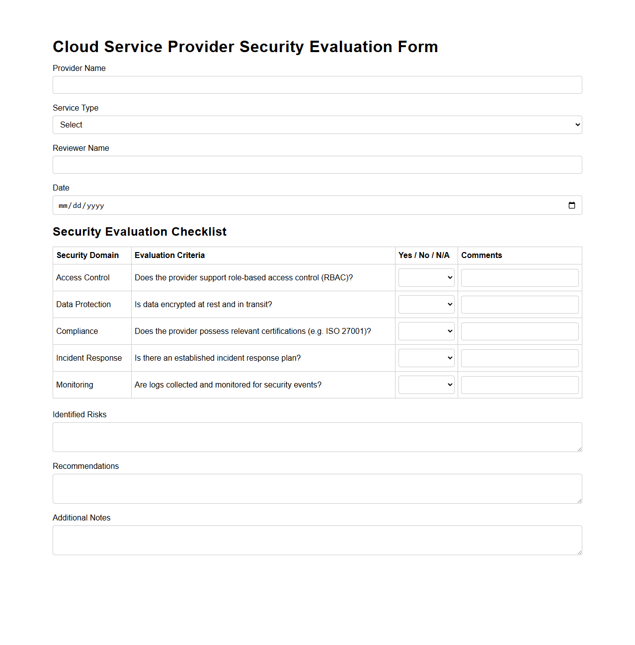 Cloud Service Provider Security Evaluation Form