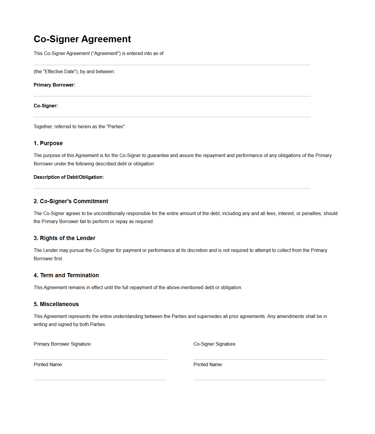 Co-Signer Agreement Document Sample