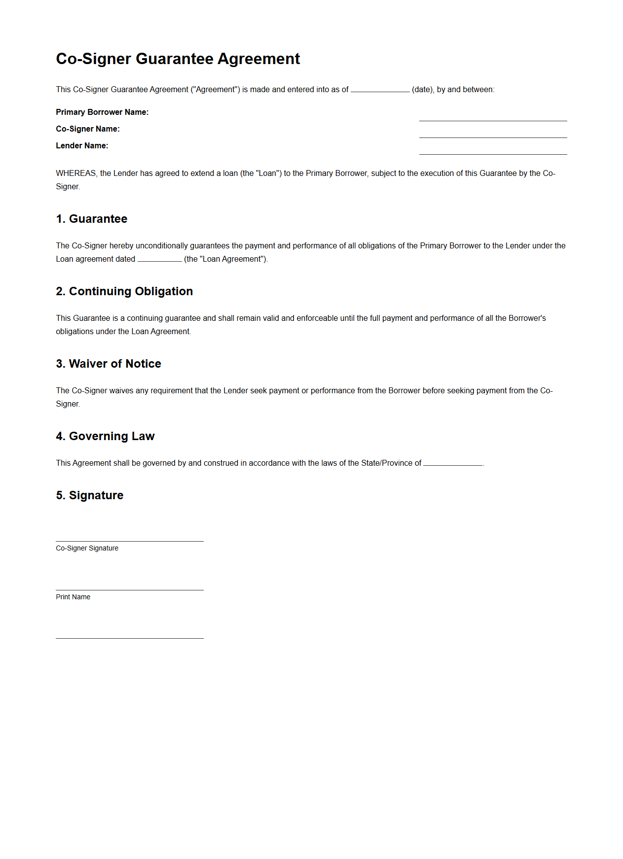 Co-Signer Guarantee Agreement Sample