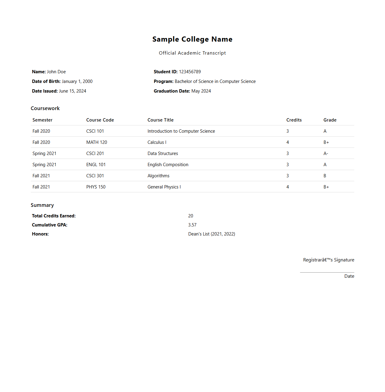 College Transcript Document Example