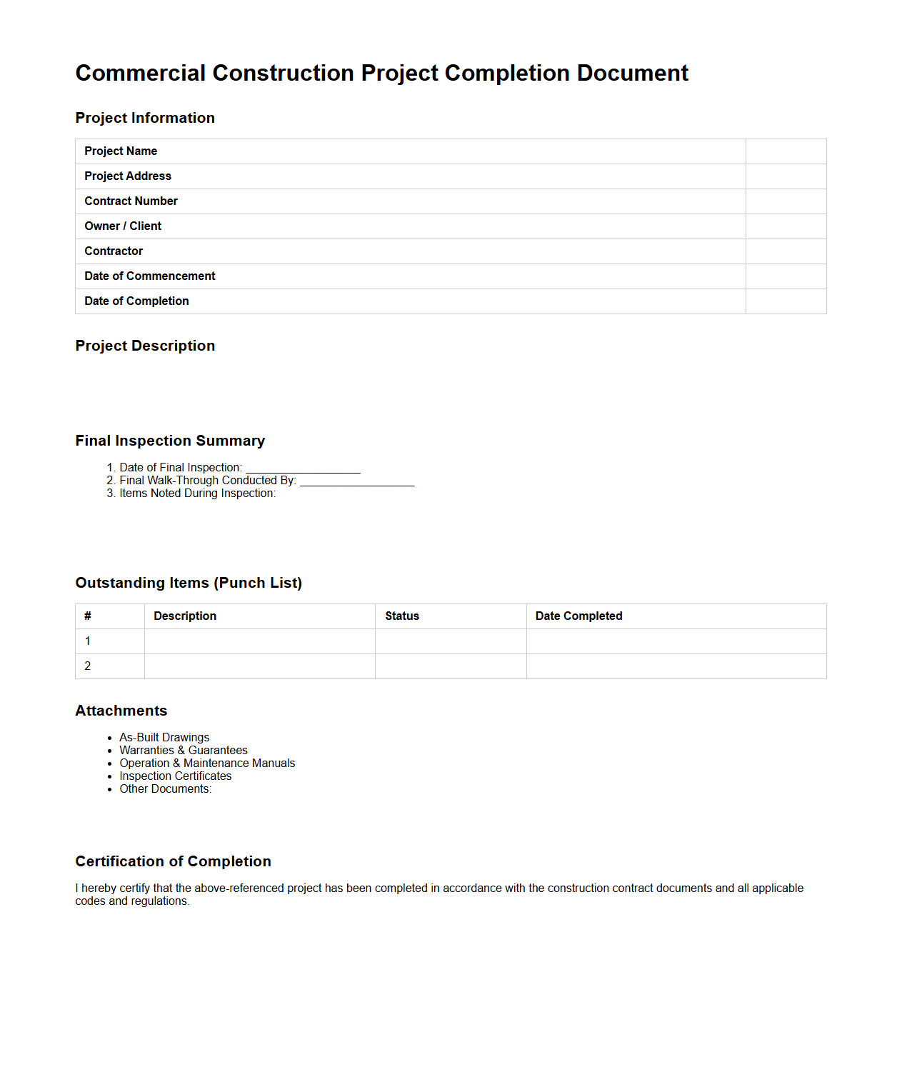 Commercial Construction Project Completion Document Example