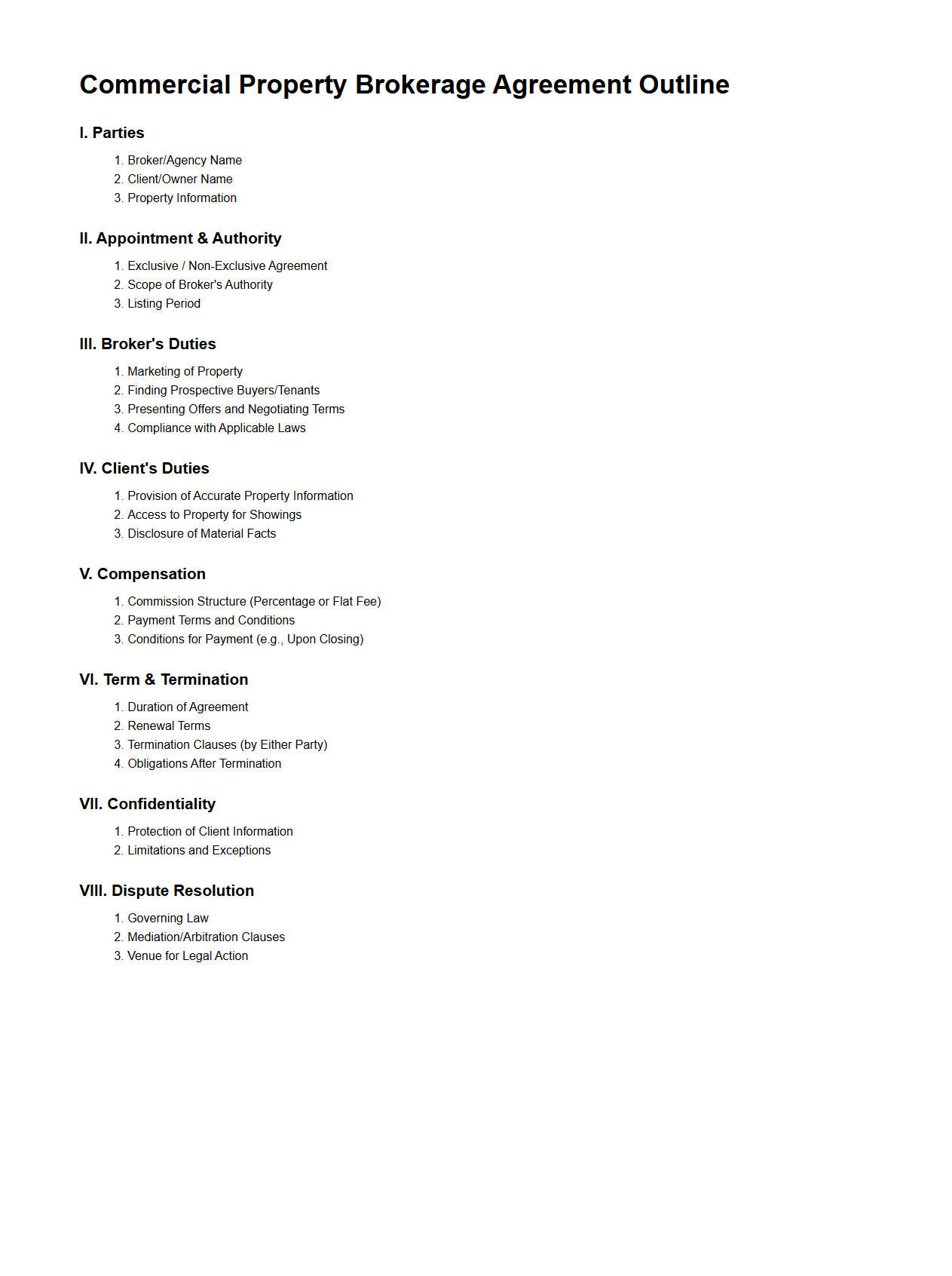 Commercial Property Brokerage Agreement Outline