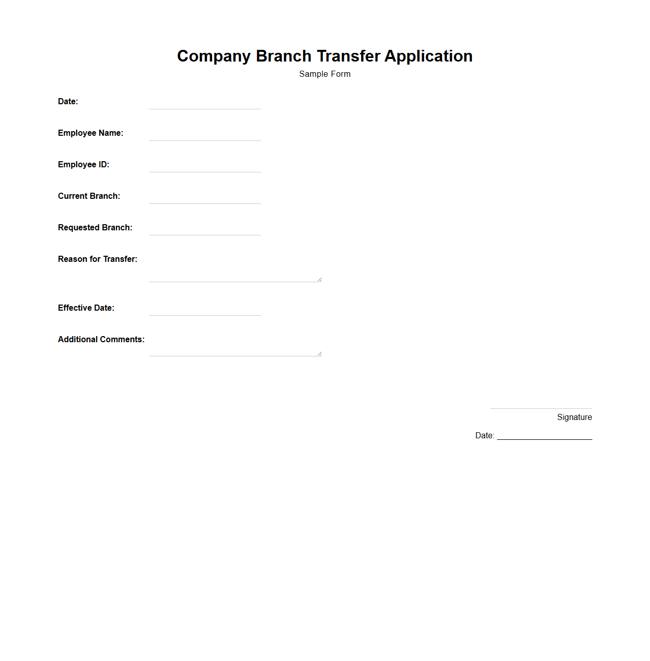 Company Branch Transfer Application Sample