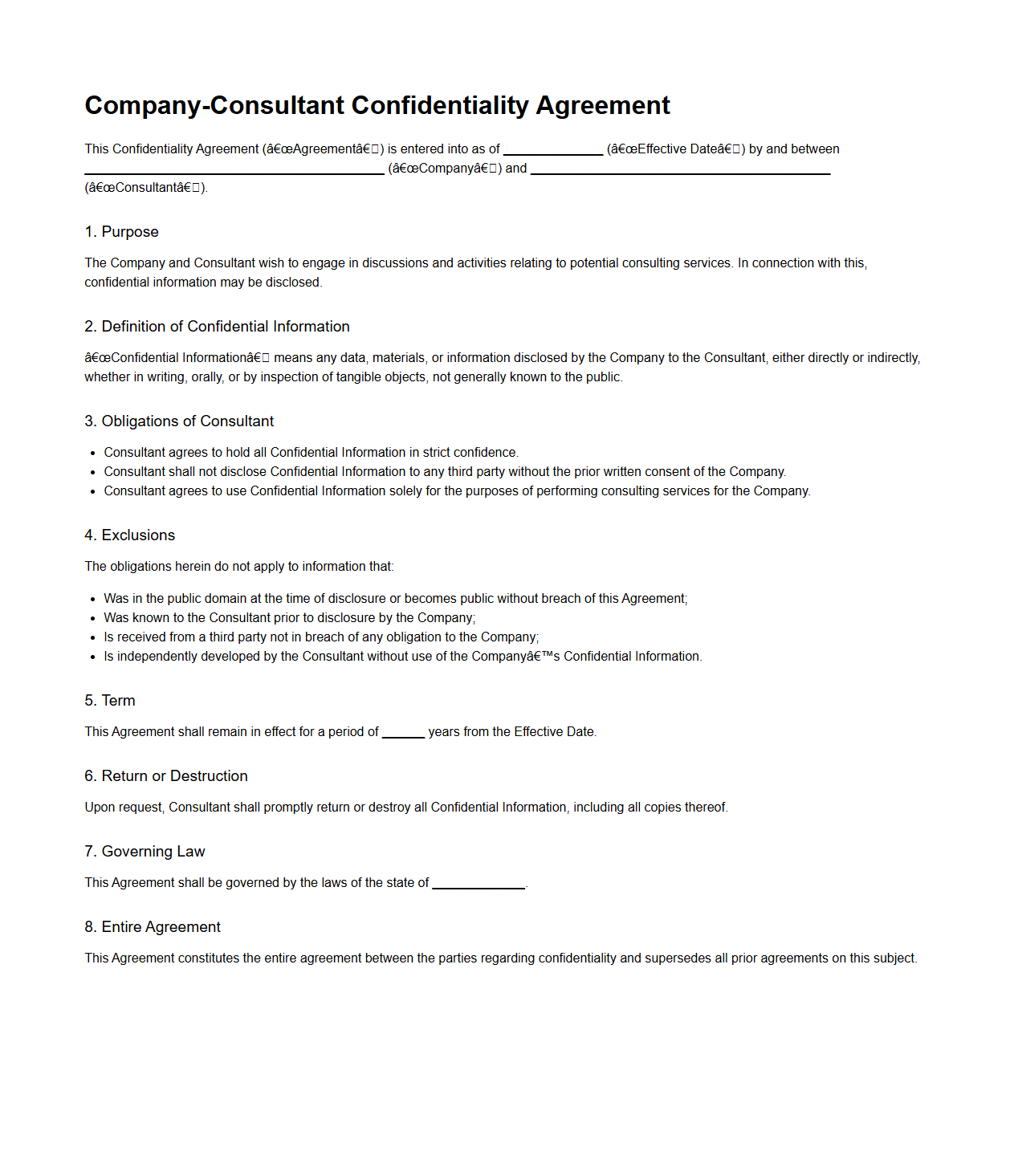 Company-Consultant Confidentiality Agreement Example