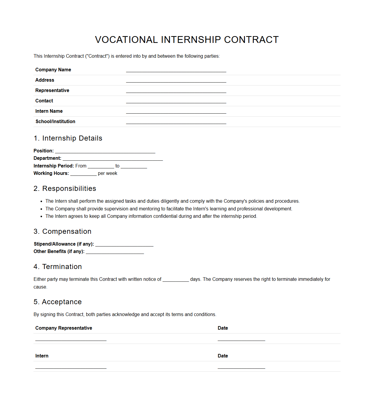 Company-Sponsored Vocational Internship Contract