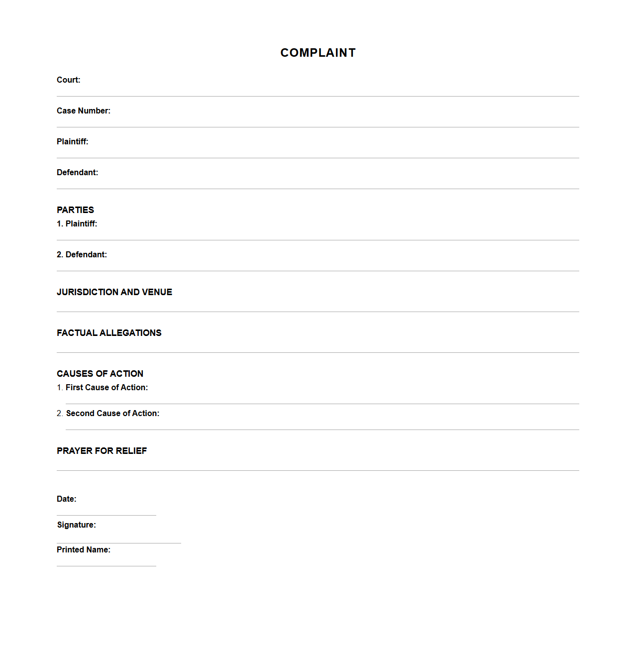 Complaint Template for Civil Lawsuit