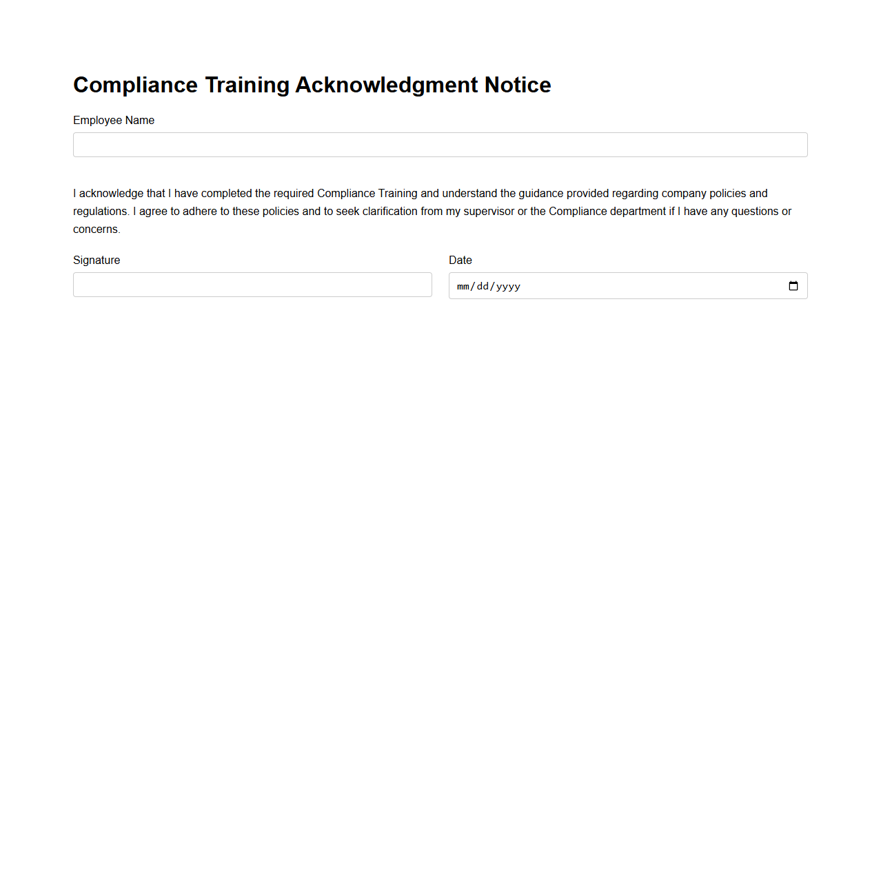 Compliance Training Acknowledgment Notice