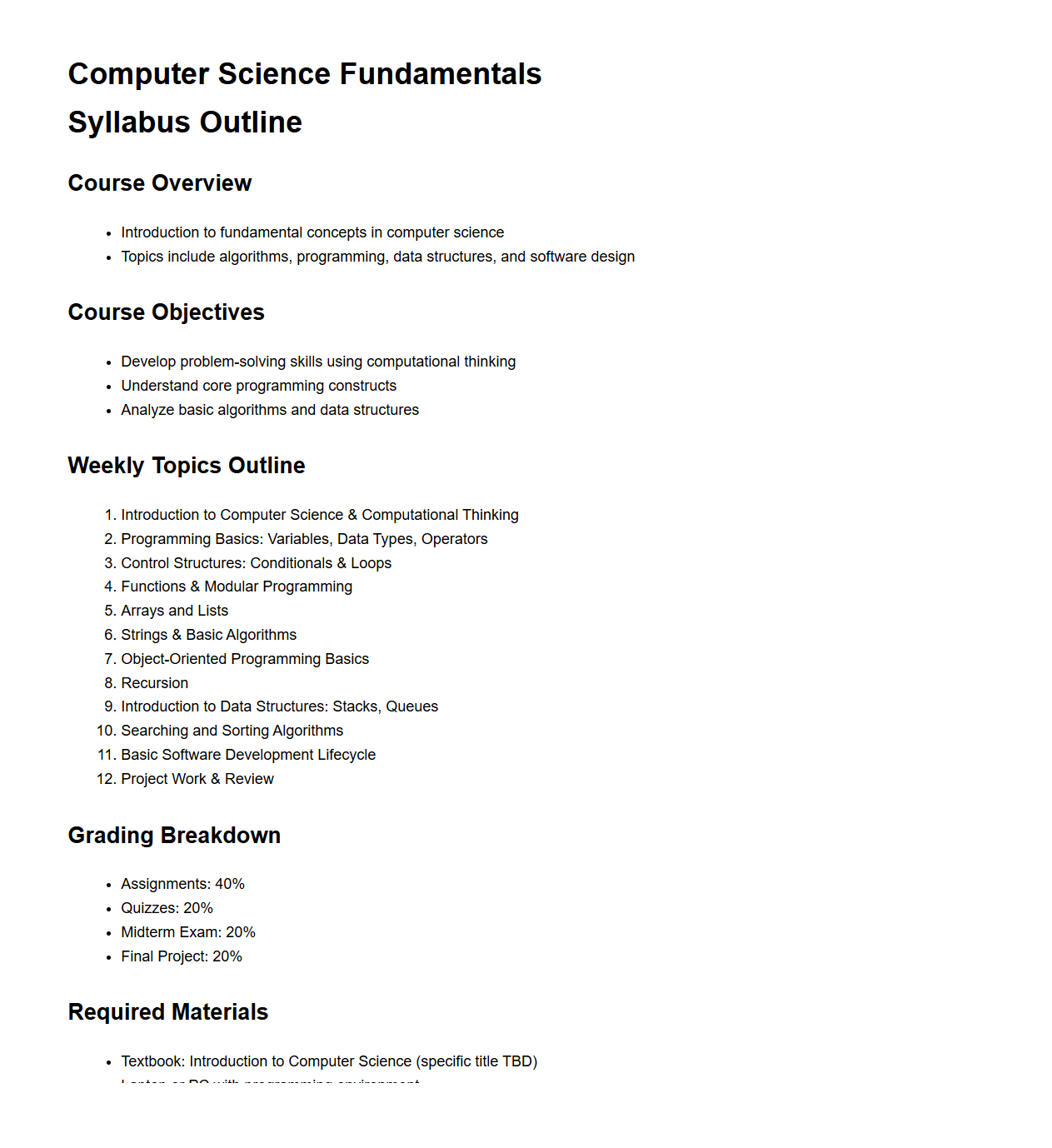 Computer Science Fundamentals Syllabus Outline