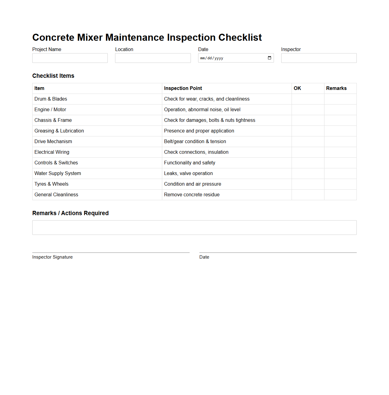 Concrete Mixer Maintenance Inspection Checklist for Construction Projects