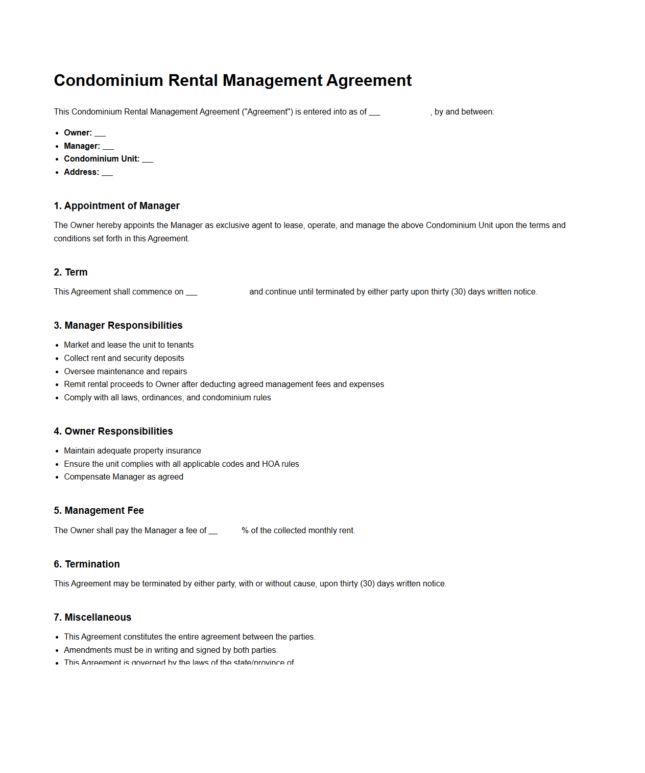 Condominium Rental Management Agreement Example