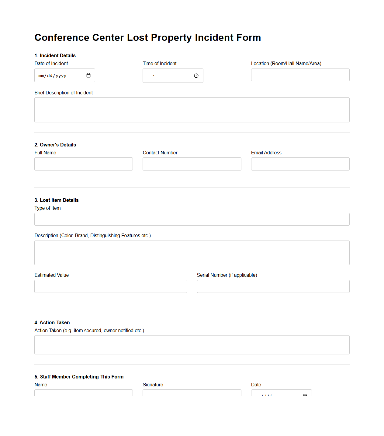 Conference Center Lost Property Incident Form Sample