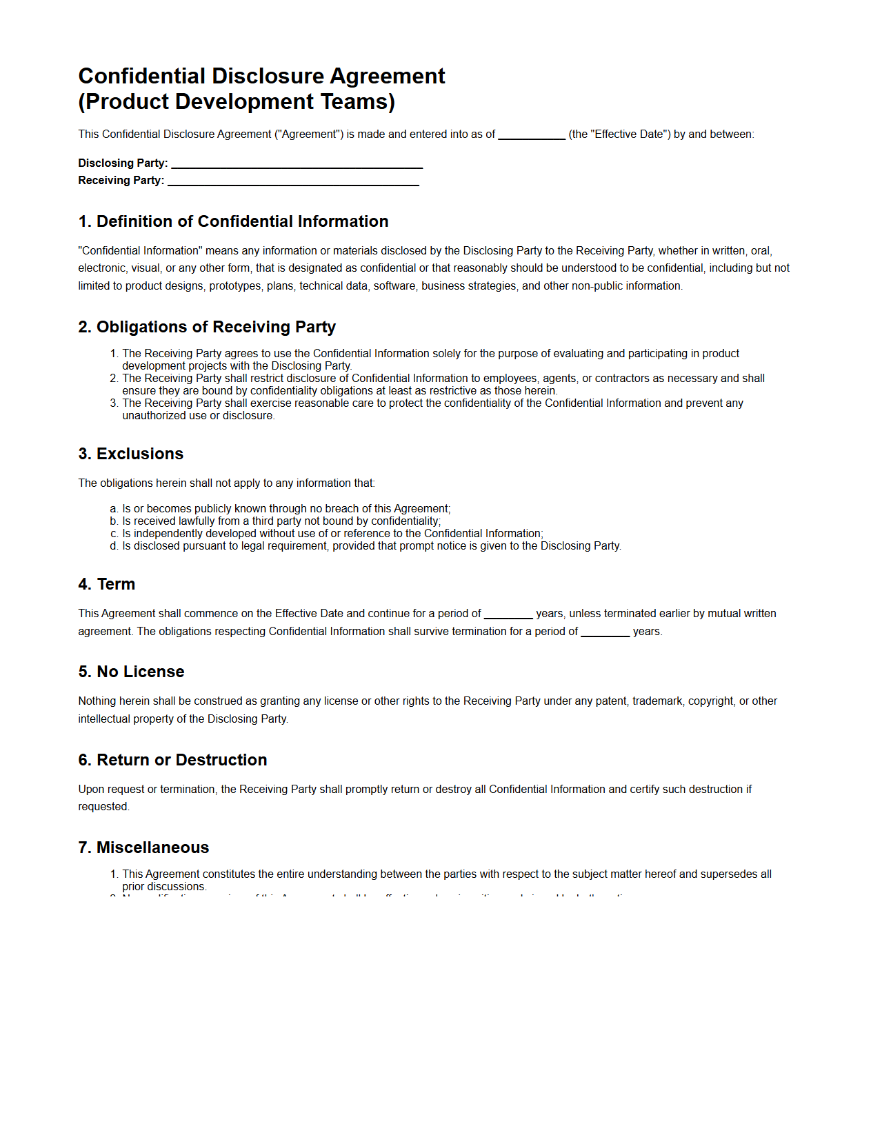 Confidential Disclosure Agreement for Product Development Teams
