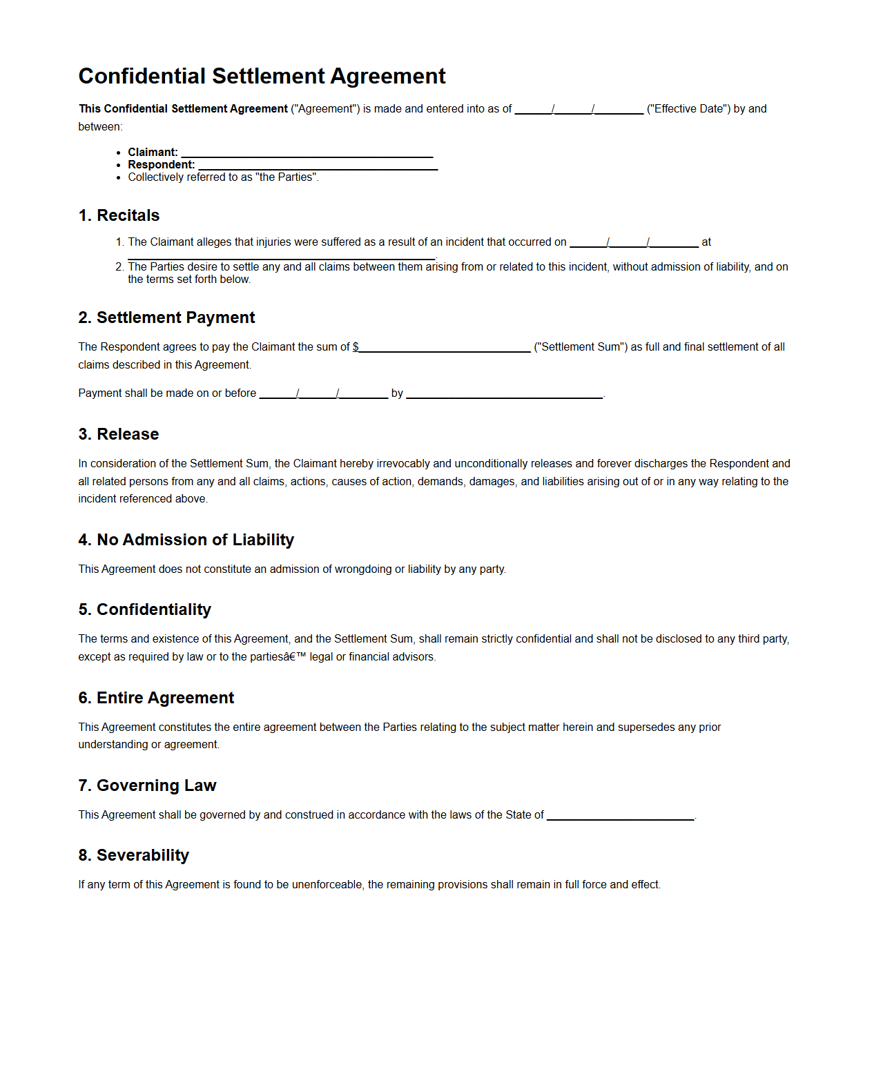 Confidential Settlement Agreement Template for Personal Injury Claims