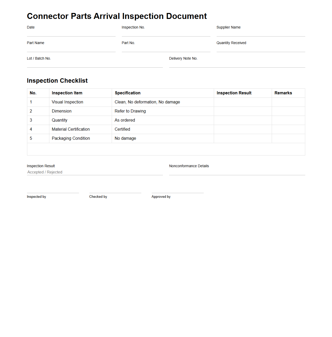 Connector Parts Arrival Inspection Document