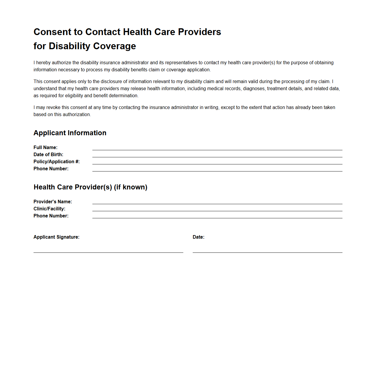 Consent to Contact Health Care Providers for Disability Coverage