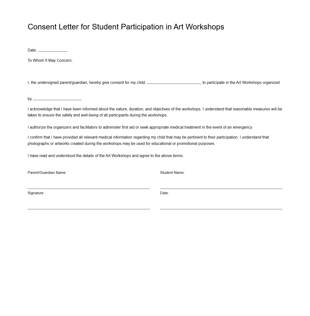 Consent Letter for Student Participation in Art Workshops