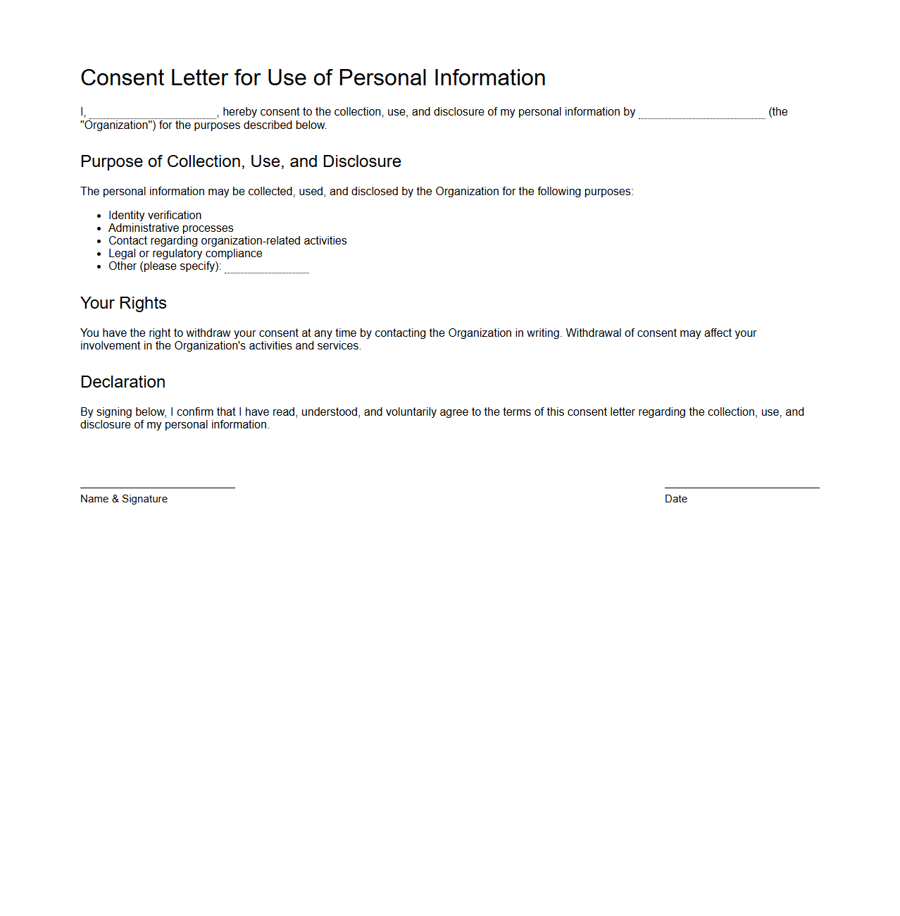 Consent Letter for Use of Personal Information