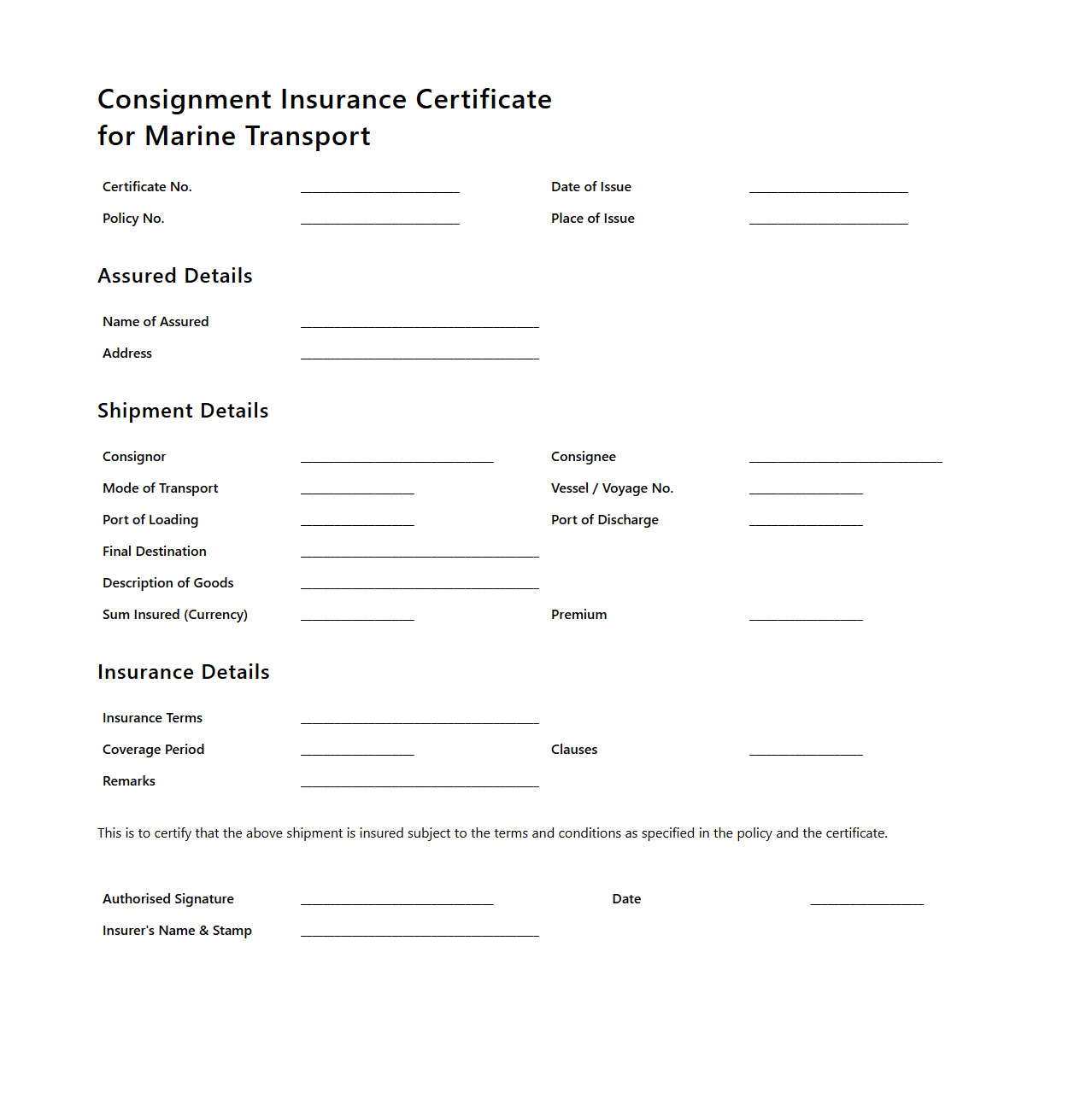 Consignment Insurance Certificate for Marine Transport